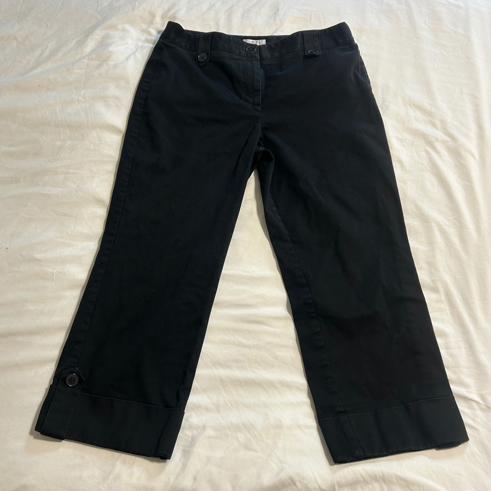 Ann Taylor LOFT Womens Black Cropped Pants Button Cuff Twill Trousers Size 10